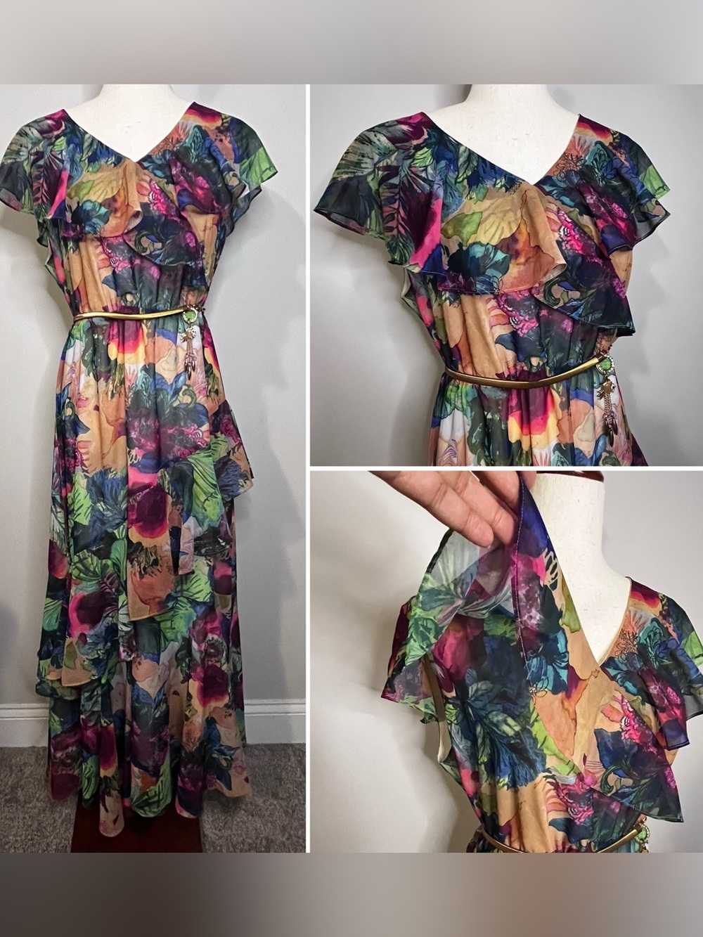 Floral Ruffle Maxi Dress in Multicolor by Soft Surroundings -Medium